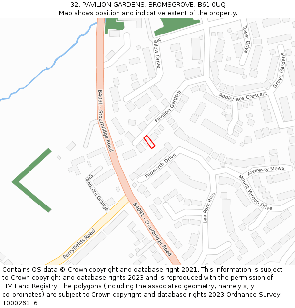 32, PAVILION GARDENS, BROMSGROVE, B61 0UQ: Location map and indicative extent of plot