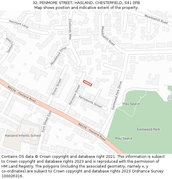 32, PENMORE STREET, HASLAND, CHESTERFIELD, S41 0PB: Location map and indicative extent of plot