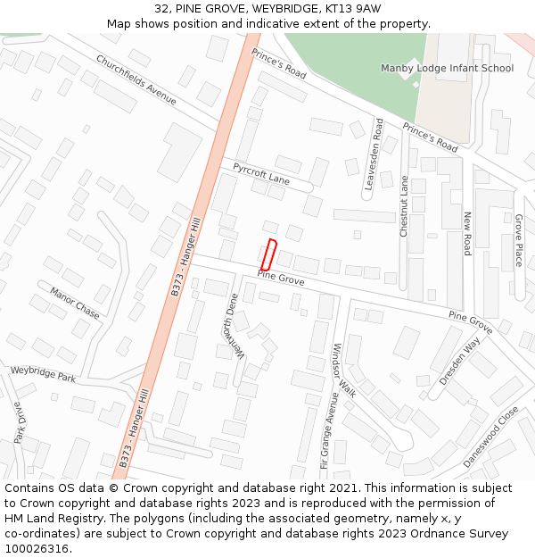 32, PINE GROVE, WEYBRIDGE, KT13 9AW: Location map and indicative extent of plot
