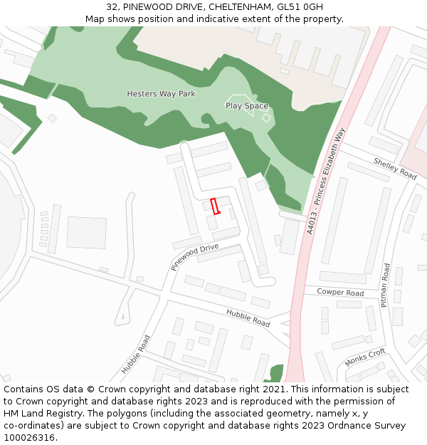 32, PINEWOOD DRIVE, CHELTENHAM, GL51 0GH: Location map and indicative extent of plot