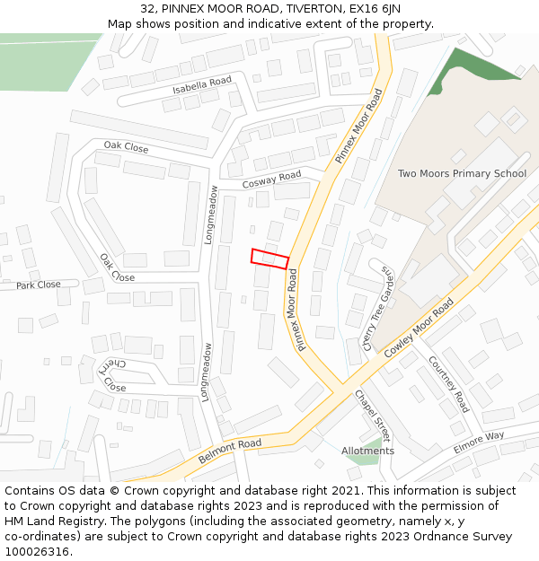 32, PINNEX MOOR ROAD, TIVERTON, EX16 6JN: Location map and indicative extent of plot