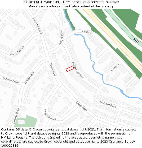 32, PITT MILL GARDENS, HUCCLECOTE, GLOUCESTER, GL3 3ND: Location map and indicative extent of plot