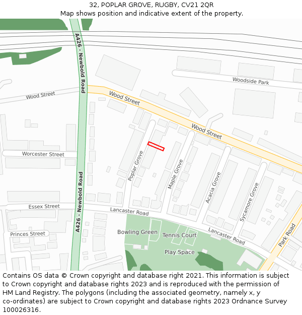32, POPLAR GROVE, RUGBY, CV21 2QR: Location map and indicative extent of plot