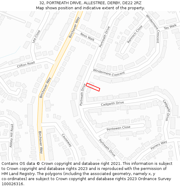 32, PORTREATH DRIVE, ALLESTREE, DERBY, DE22 2RZ: Location map and indicative extent of plot