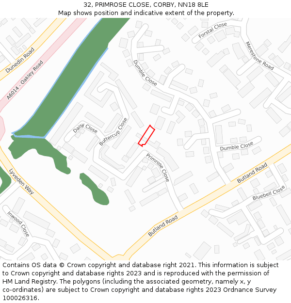 32, PRIMROSE CLOSE, CORBY, NN18 8LE: Location map and indicative extent of plot