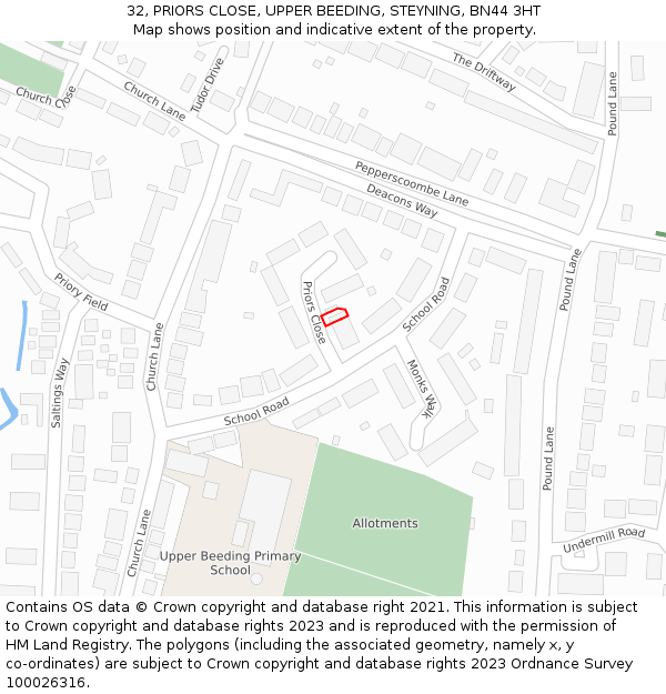 32, PRIORS CLOSE, UPPER BEEDING, STEYNING, BN44 3HT: Location map and indicative extent of plot