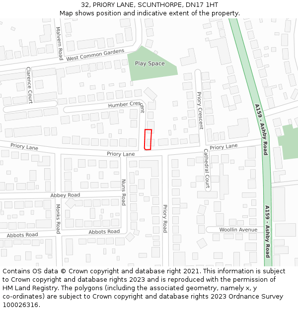 32, PRIORY LANE, SCUNTHORPE, DN17 1HT: Location map and indicative extent of plot