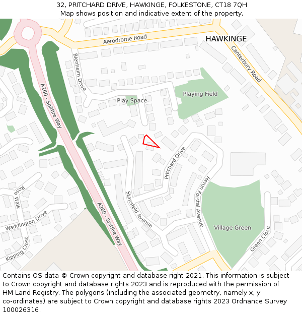 32, PRITCHARD DRIVE, HAWKINGE, FOLKESTONE, CT18 7QH: Location map and indicative extent of plot