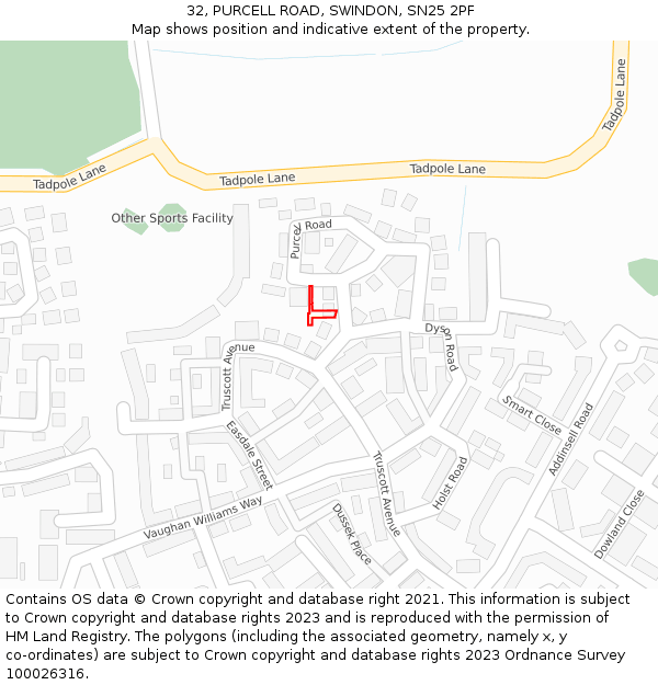 32, PURCELL ROAD, SWINDON, SN25 2PF: Location map and indicative extent of plot