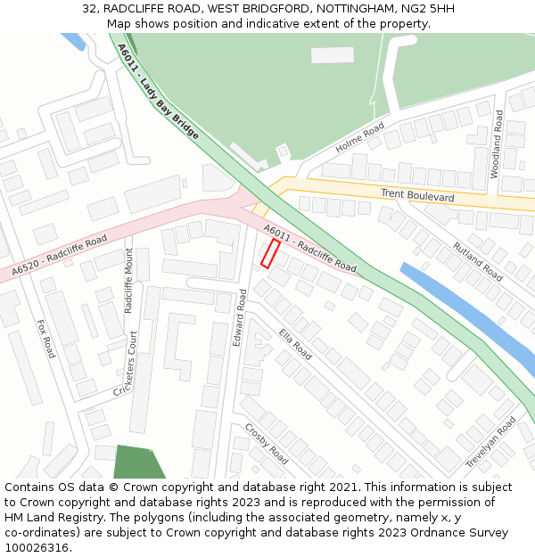 32, RADCLIFFE ROAD, WEST BRIDGFORD, NOTTINGHAM, NG2 5HH: Location map and indicative extent of plot