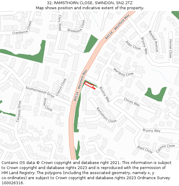 32, RAMSTHORN CLOSE, SWINDON, SN2 2TZ: Location map and indicative extent of plot