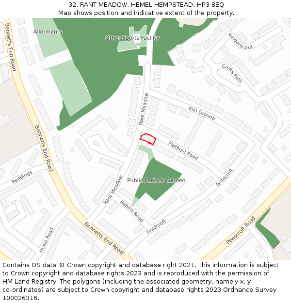 32, RANT MEADOW, HEMEL HEMPSTEAD, HP3 8EQ: Location map and indicative extent of plot