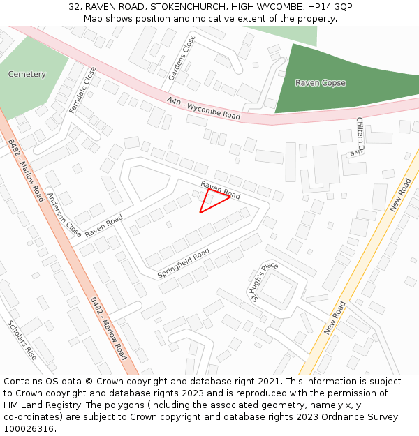 32, RAVEN ROAD, STOKENCHURCH, HIGH WYCOMBE, HP14 3QP: Location map and indicative extent of plot