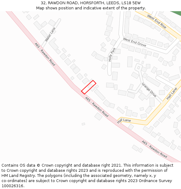 32, RAWDON ROAD, HORSFORTH, LEEDS, LS18 5EW: Location map and indicative extent of plot