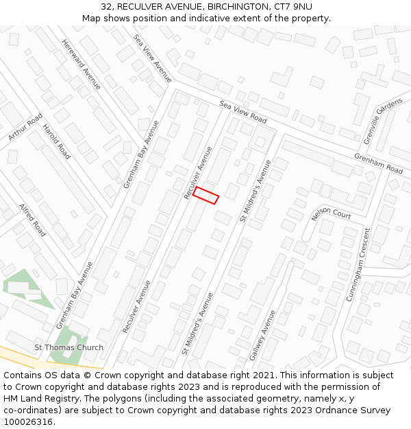 32, RECULVER AVENUE, BIRCHINGTON, CT7 9NU: Location map and indicative extent of plot