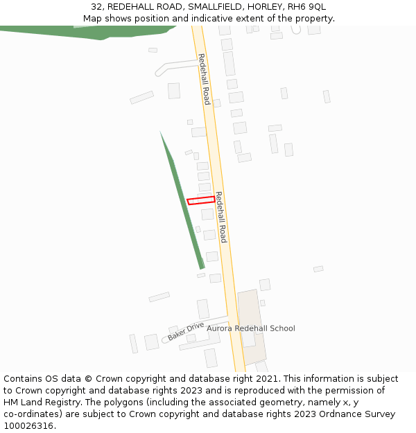32, REDEHALL ROAD, SMALLFIELD, HORLEY, RH6 9QL: Location map and indicative extent of plot