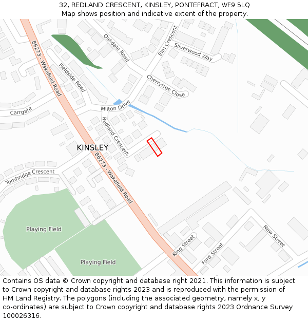 32, REDLAND CRESCENT, KINSLEY, PONTEFRACT, WF9 5LQ: Location map and indicative extent of plot