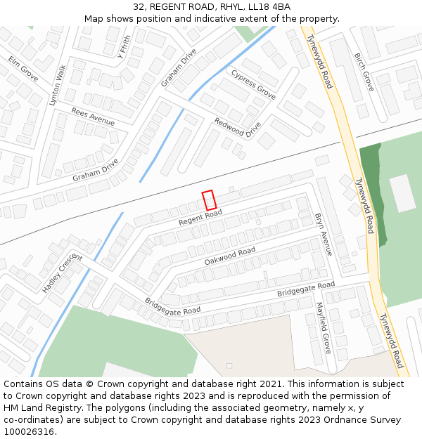 32, REGENT ROAD, RHYL, LL18 4BA: Location map and indicative extent of plot