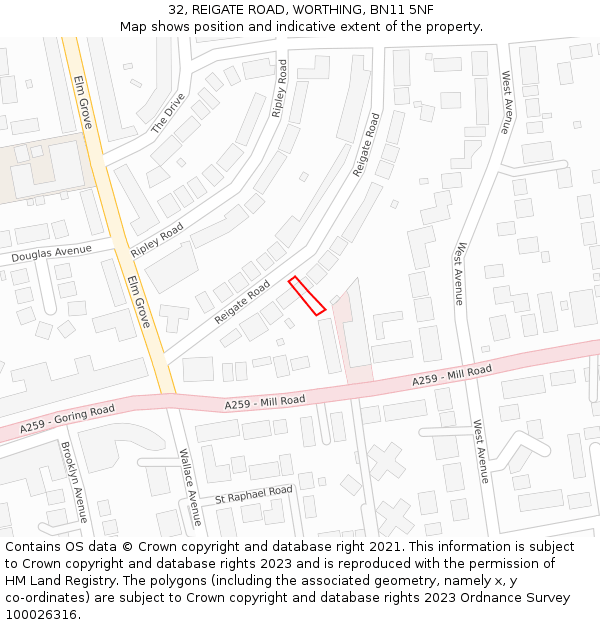 32, REIGATE ROAD, WORTHING, BN11 5NF: Location map and indicative extent of plot