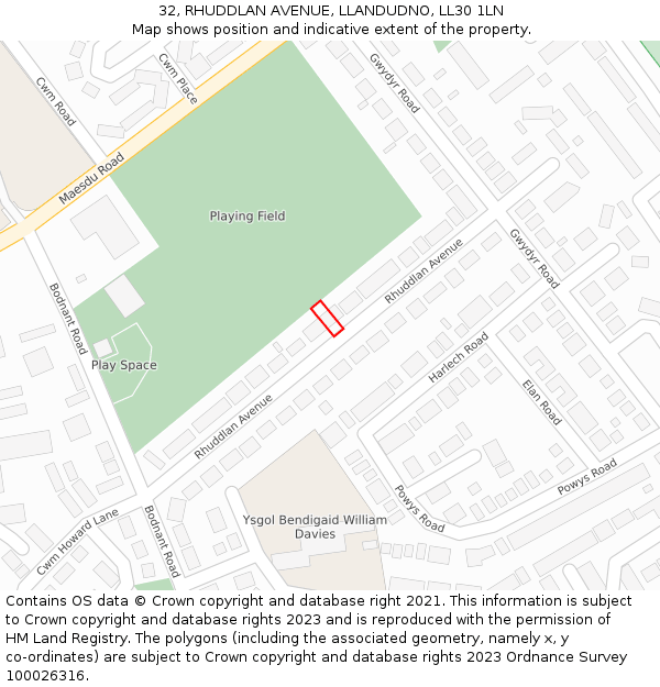 32, RHUDDLAN AVENUE, LLANDUDNO, LL30 1LN: Location map and indicative extent of plot