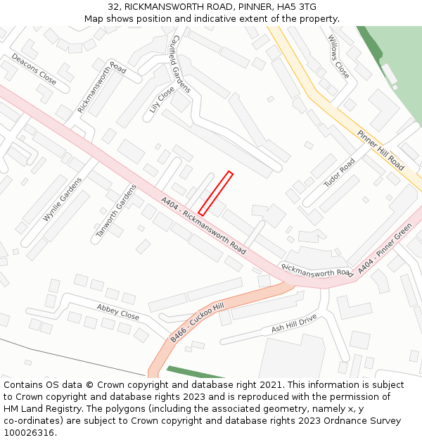 32, RICKMANSWORTH ROAD, PINNER, HA5 3TG: Location map and indicative extent of plot