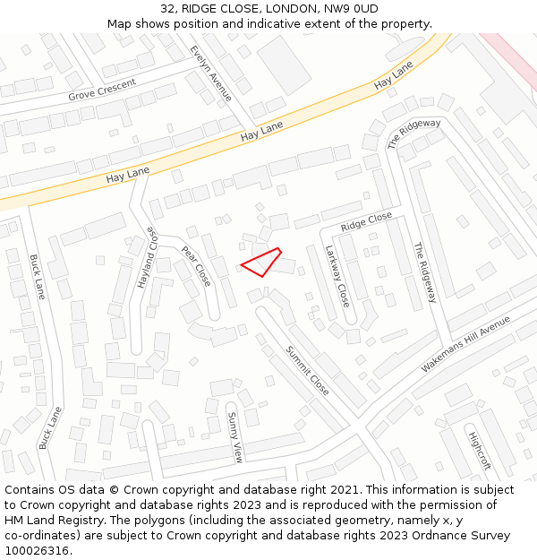 32, RIDGE CLOSE, LONDON, NW9 0UD: Location map and indicative extent of plot
