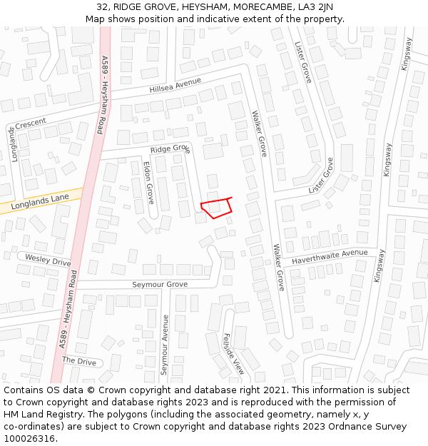 32, RIDGE GROVE, HEYSHAM, MORECAMBE, LA3 2JN: Location map and indicative extent of plot