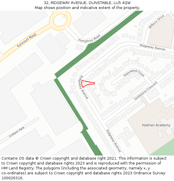 32, RIDGEWAY AVENUE, DUNSTABLE, LU5 4QW: Location map and indicative extent of plot