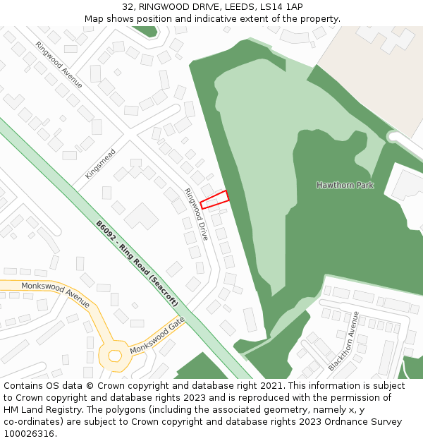 32, RINGWOOD DRIVE, LEEDS, LS14 1AP: Location map and indicative extent of plot