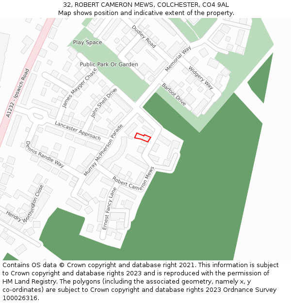 32, ROBERT CAMERON MEWS, COLCHESTER, CO4 9AL: Location map and indicative extent of plot