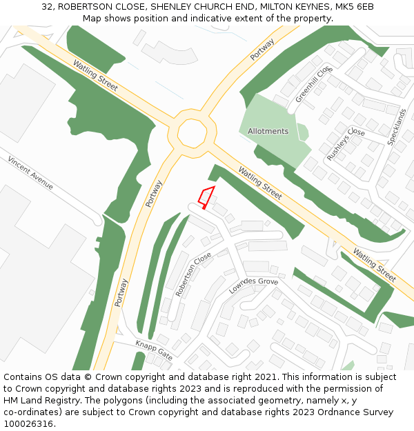 32, ROBERTSON CLOSE, SHENLEY CHURCH END, MILTON KEYNES, MK5 6EB: Location map and indicative extent of plot