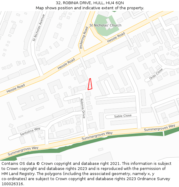 32, ROBINIA DRIVE, HULL, HU4 6QN: Location map and indicative extent of plot