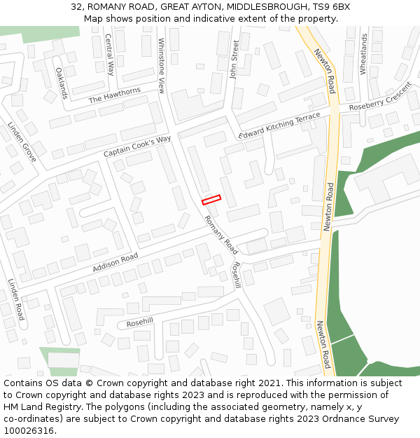 32, ROMANY ROAD, GREAT AYTON, MIDDLESBROUGH, TS9 6BX: Location map and indicative extent of plot