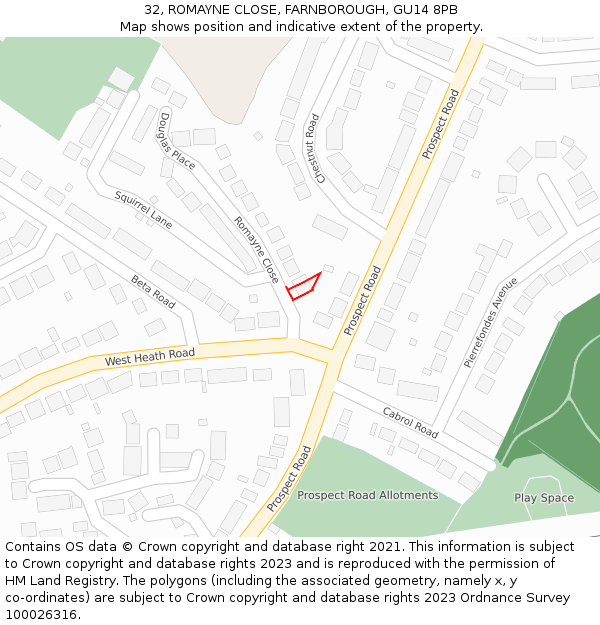 32, ROMAYNE CLOSE, FARNBOROUGH, GU14 8PB: Location map and indicative extent of plot