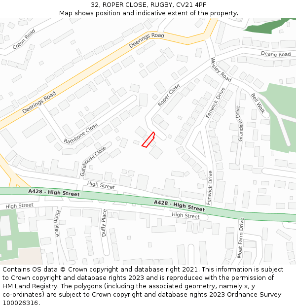 32, ROPER CLOSE, RUGBY, CV21 4PF: Location map and indicative extent of plot
