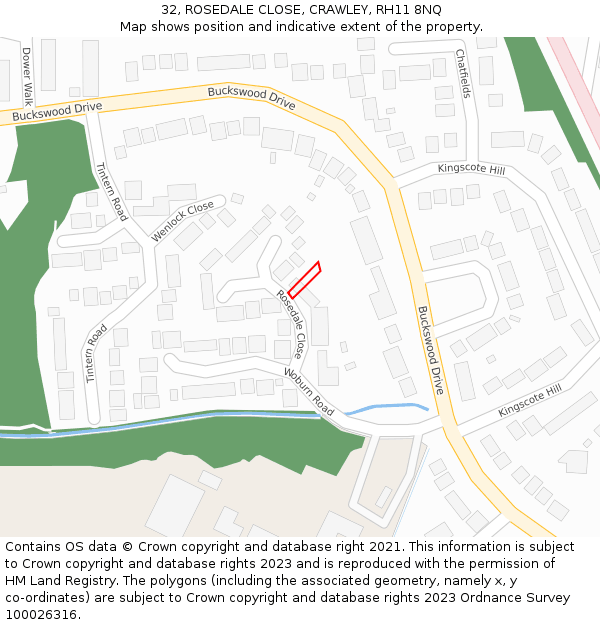 32, ROSEDALE CLOSE, CRAWLEY, RH11 8NQ: Location map and indicative extent of plot