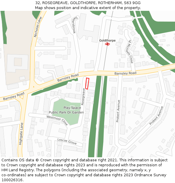 32, ROSEGREAVE, GOLDTHORPE, ROTHERHAM, S63 9GG: Location map and indicative extent of plot