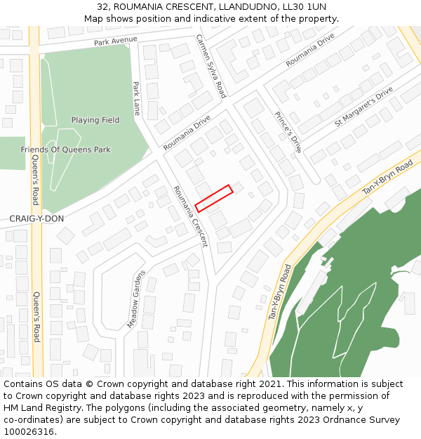 32, ROUMANIA CRESCENT, LLANDUDNO, LL30 1UN: Location map and indicative extent of plot