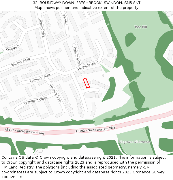 32, ROUNDWAY DOWN, FRESHBROOK, SWINDON, SN5 8NT: Location map and indicative extent of plot