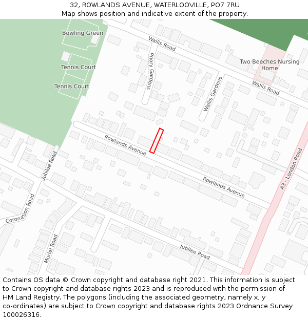 32, ROWLANDS AVENUE, WATERLOOVILLE, PO7 7RU: Location map and indicative extent of plot