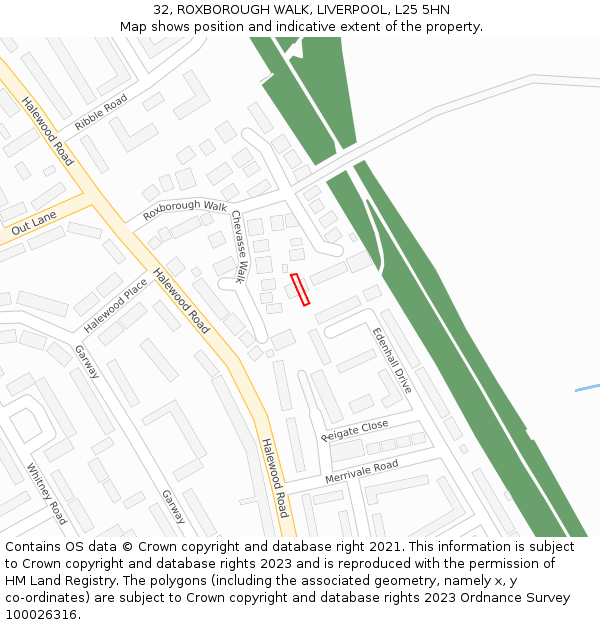 32, ROXBOROUGH WALK, LIVERPOOL, L25 5HN: Location map and indicative extent of plot