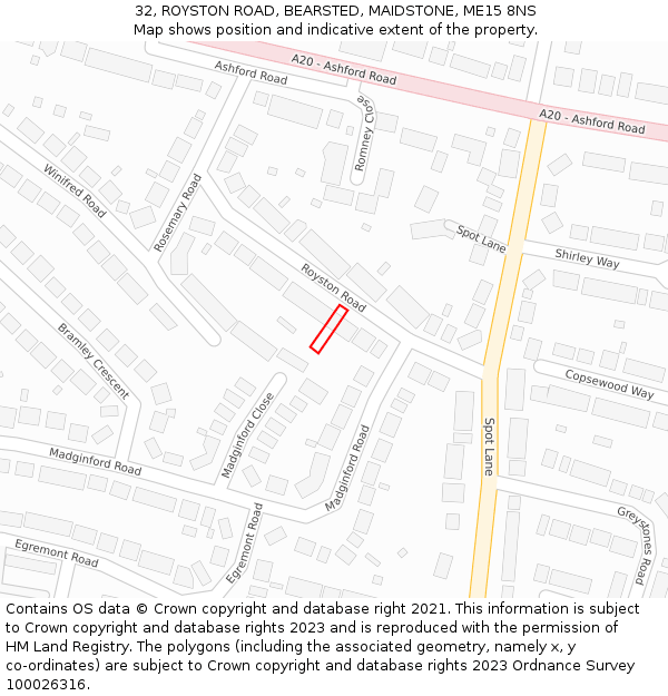 32, ROYSTON ROAD, BEARSTED, MAIDSTONE, ME15 8NS: Location map and indicative extent of plot