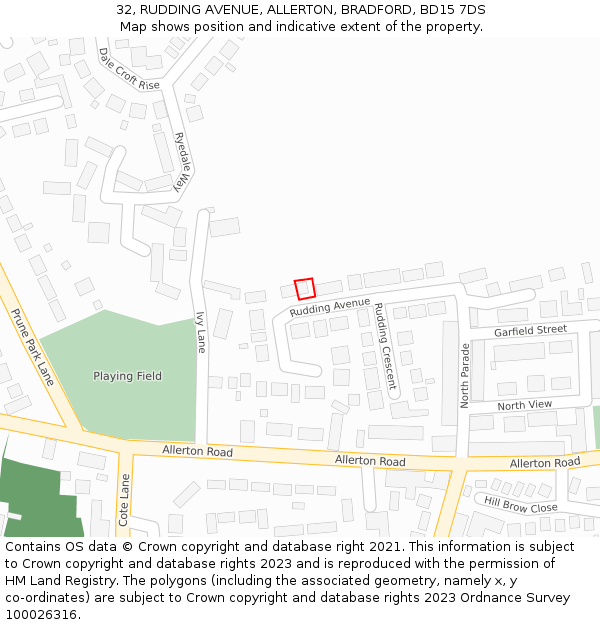 32, RUDDING AVENUE, ALLERTON, BRADFORD, BD15 7DS: Location map and indicative extent of plot