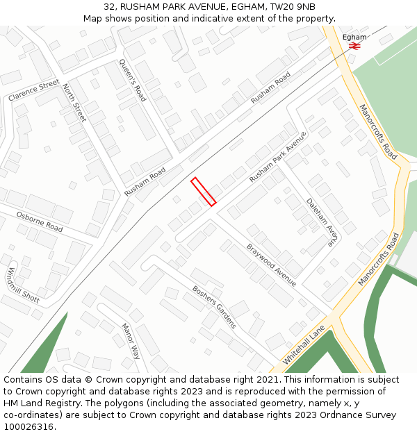 32, RUSHAM PARK AVENUE, EGHAM, TW20 9NB: Location map and indicative extent of plot