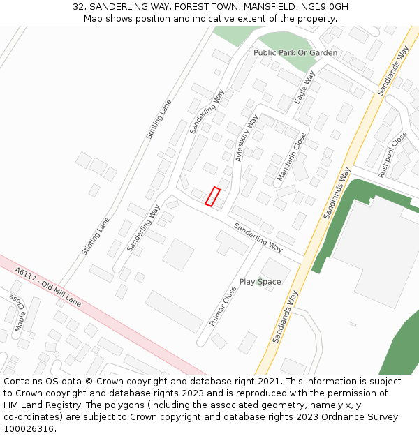 32, SANDERLING WAY, FOREST TOWN, MANSFIELD, NG19 0GH: Location map and indicative extent of plot
