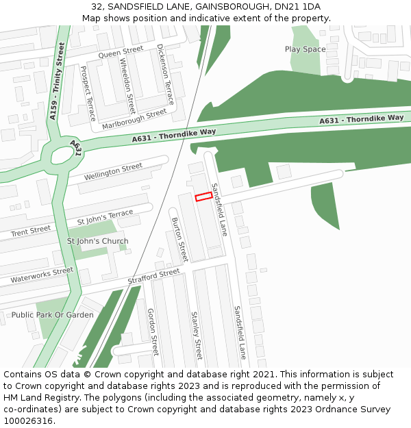 32, SANDSFIELD LANE, GAINSBOROUGH, DN21 1DA: Location map and indicative extent of plot