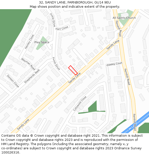 32, SANDY LANE, FARNBOROUGH, GU14 9EU: Location map and indicative extent of plot