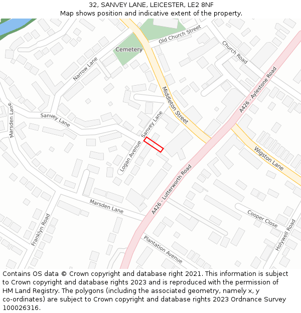 32, SANVEY LANE, LEICESTER, LE2 8NF: Location map and indicative extent of plot