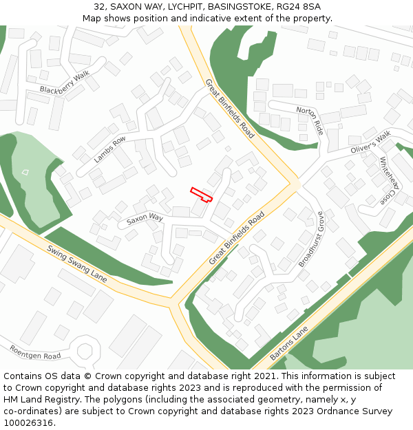 32, SAXON WAY, LYCHPIT, BASINGSTOKE, RG24 8SA: Location map and indicative extent of plot