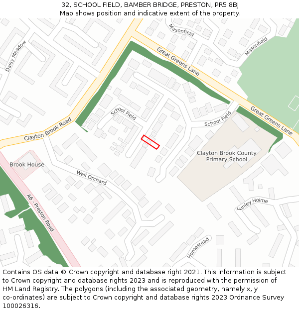 32, SCHOOL FIELD, BAMBER BRIDGE, PRESTON, PR5 8BJ: Location map and indicative extent of plot